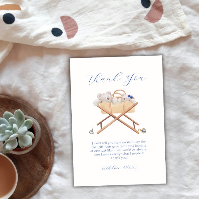 Cartão De Agradecimento Chá de fraldas do Boho Bear Bassinet Toy Boy (Boho Bear Bassinet Toy Boy Baby Shower Thank You Card)