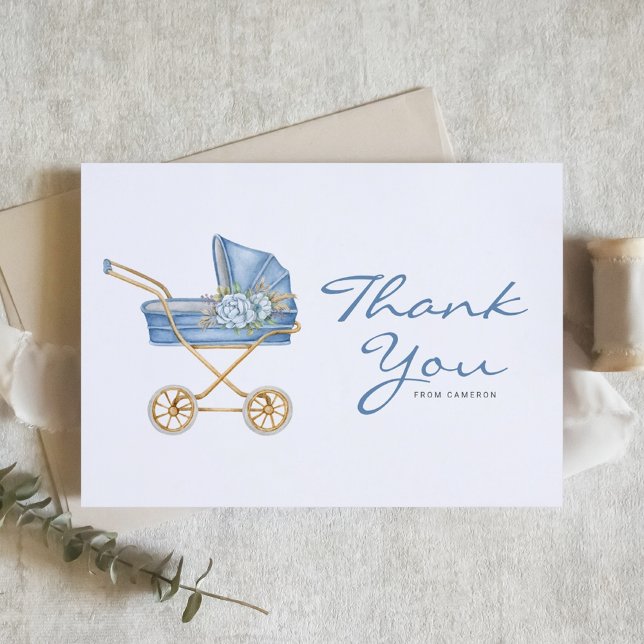 Cartão De Agradecimento Chá de fraldas do cilindro de impressão azul-aquar (Watercolor Blue Vintage Stroller and Flowers Baby Shower Thank You Card)
