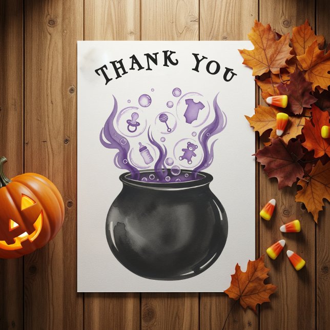 Cartão De Agradecimento Chá de fraldas do Dia das Bruxas de Bebê Brew Caul (Baby Brew Witch Cauldron Halloween Baby Shower Thank You Card
)