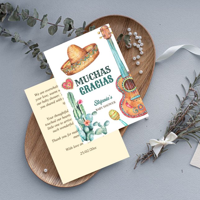 Cartão De Agradecimento Chá de fraldas do pequeno muchacho fiesta mexicano (Mexican fiesta little muchacho baby shower thank you card muchas gracias card guitar sombrero cactus)