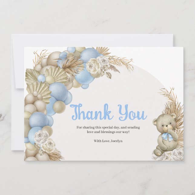 Cartão De Agradecimento Chá de fraldas Do Urso De Teddy Boho Pampas Obriga (Frente)