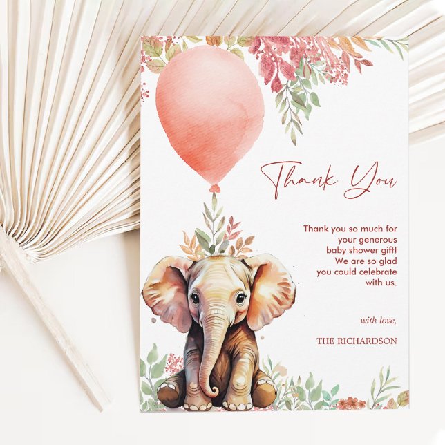 Cartão De Agradecimento Chá de fraldas Elefante Blush Pink Terracotta Balo (Blush Pink Terracotta Balloon Elephant Baby Shower Thank You Card)