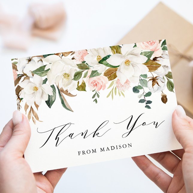 Cartão De Agradecimento Chá de fraldas Elegante de Magnolias de Aquarela (Criador carregado)