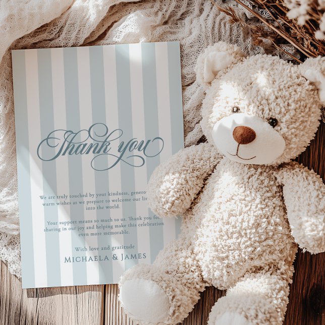 Cartão De Agradecimento Chá de fraldas Elegante de Script e Stripes (Criador carregado)