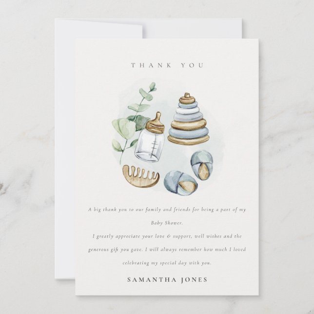 Cartão De Agradecimento Chá de fraldas Essencial de Leafy Blue Boy Bastant (Frente)