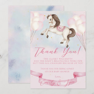 Cartão De Agradecimento Chá de fraldas Fairytale Pony Stars Balões Rosa