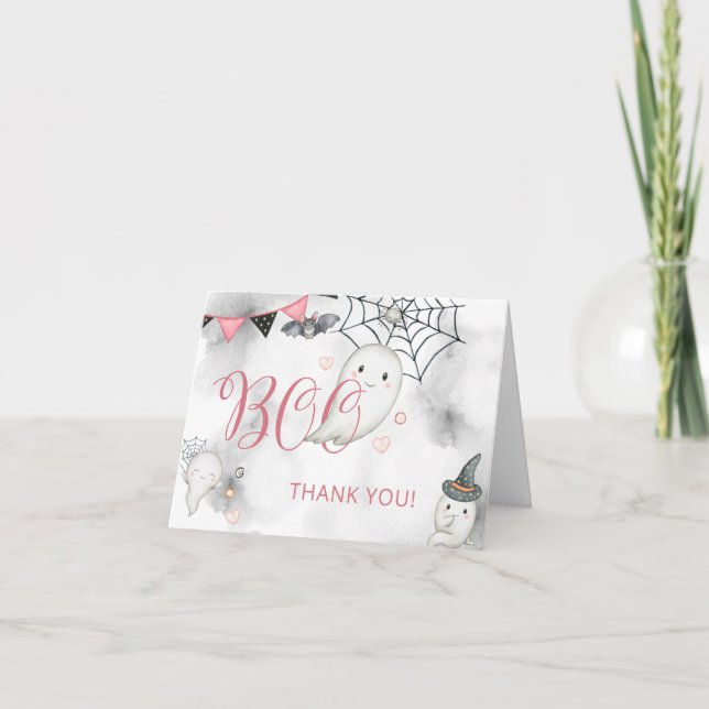 Cartão De Agradecimento Chá de fraldas Fantasma de Boo Rosa (Frente)