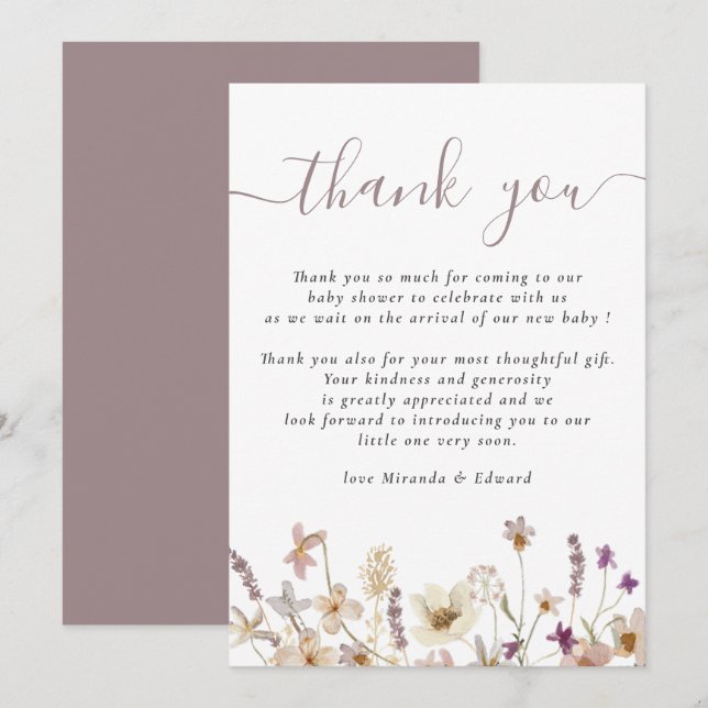 Cartão De Agradecimento Chá de fraldas Floral De Flor Selvagem Obrigado (Frente/Verso)