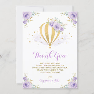Cartão De Agradecimento Chá de fraldas floral roxo e Dourado do balão de