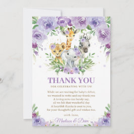 Cartão De Agradecimento Chá de fraldas Floral Roxo Safari Animal Selgle