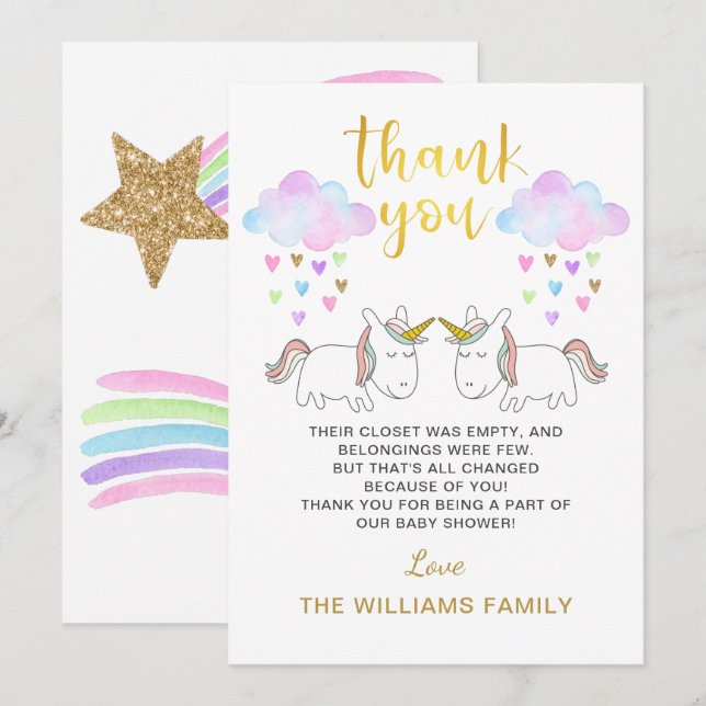 Cartão De Agradecimento Chá de fraldas Gêmeo Pastel Rainbow Unicorn (Frente/Verso)