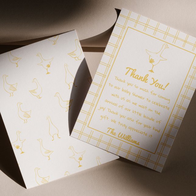 Cartão De Agradecimento Chá de fraldas Gingham de ganso amarelo desenhado  (Criador carregado)
