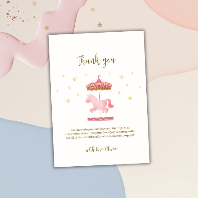 Cartão De Agradecimento Chá de fraldas Mágico Elegante rosa Dourado (Pink Gold Elegant Magical Carousel Baby Shower Thank You Card)