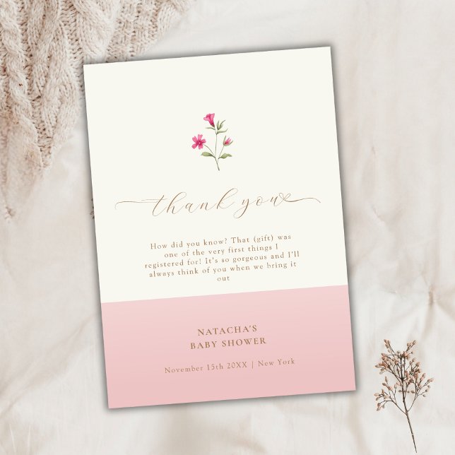 Cartão De Agradecimento Chá de fraldas Mínimo de Boho Selvagem Rosa Modern (Pink Modern Minimal Boho Wildflower Baby Shower Thank You Card)