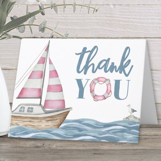 Cartão De Agradecimento Chá de fraldas náutico rosa (Pink Nautical Baby Shower Thank You Card)