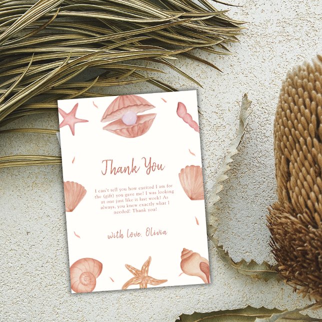 Cartão De Agradecimento Chá de fraldas Neutral de Seashell do Oceano Atlân (Neutral Summer Ocean Seashell Pearl Baby Shower Thank You Card)
