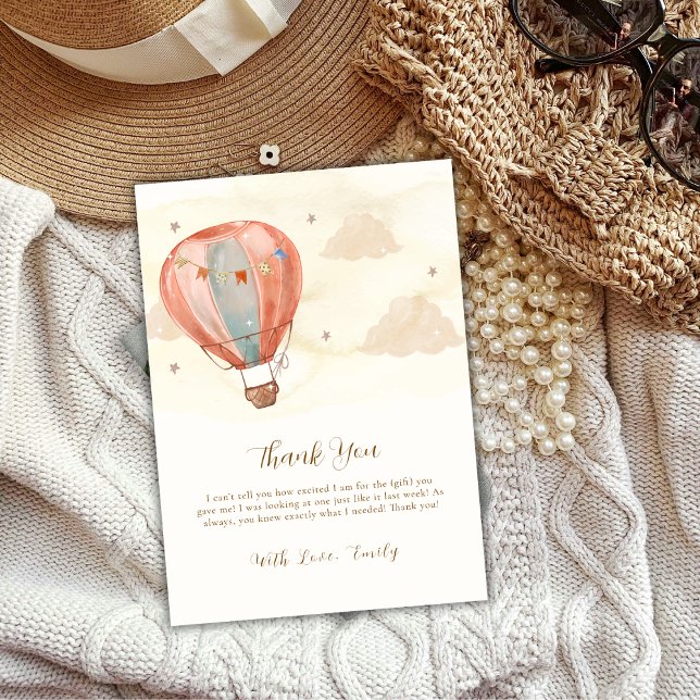 Cartão De Agradecimento Chá de fraldas neutro de balão de ar quente Boho V (Neutral Boho Vintage Hot Air Balloon Baby Shower Thank You Card)