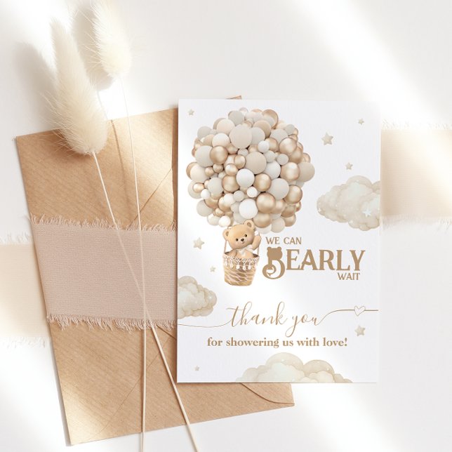 Cartão De Agradecimento Chá de fraldas neutro de Espera do Balão do Urso d (Criador carregado)