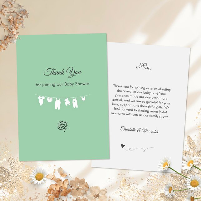 Cartão De Agradecimento Chá de fraldas neutro de gênero Minúsculo Mint Gre (Minimalist Mint Clothesline Baby Shower Thank You Card ©Susanne Sachers - Sunny Mind Design 🌞)