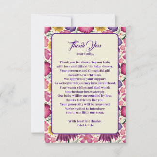 Cartão De Agradecimento Chá de fraldas Rosa de Flor Selvagem Encharcado