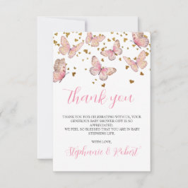 Cartão De Agradecimento Chá de fraldas Rosa e Dourado Beijos com Borboleta