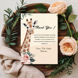 Cartão De Agradecimento Chá de fraldas Rosa Floral Girafa Safari Obrigado