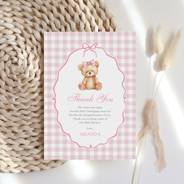 Cartão De Agradecimento Chá de fraldas Rosa Gingham Teddy Bear (Criador carregado)