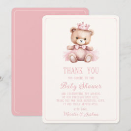 Cartão De Agradecimento Chá de fraldas Rosa Princesa Bear Baby Girl