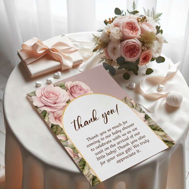 Cartão De Agradecimento Chá de fraldas Rosa Rosa Elegante (Elegant Pink Rose Baby Shower Thank You Card)