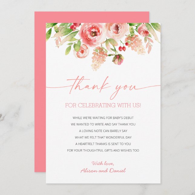 Cartão De Agradecimento Chá de fraldas Rosa Rosa Rosa Floral Verde (Frente/Verso)