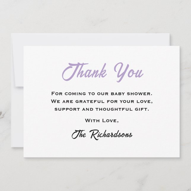 Cartão De Agradecimento Chá de fraldas Roxo Branco Páscoa Pequeno Coelho L (Frente)