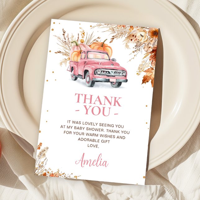 Cartão De Agradecimento Chá de fraldas Russo de Pumpkin Rosa de Flor Selva (Editable Pumpkin Truck Baby Shower Thank You Card Fall Harvest Pink Truck Baby Shower Girl Thank You)