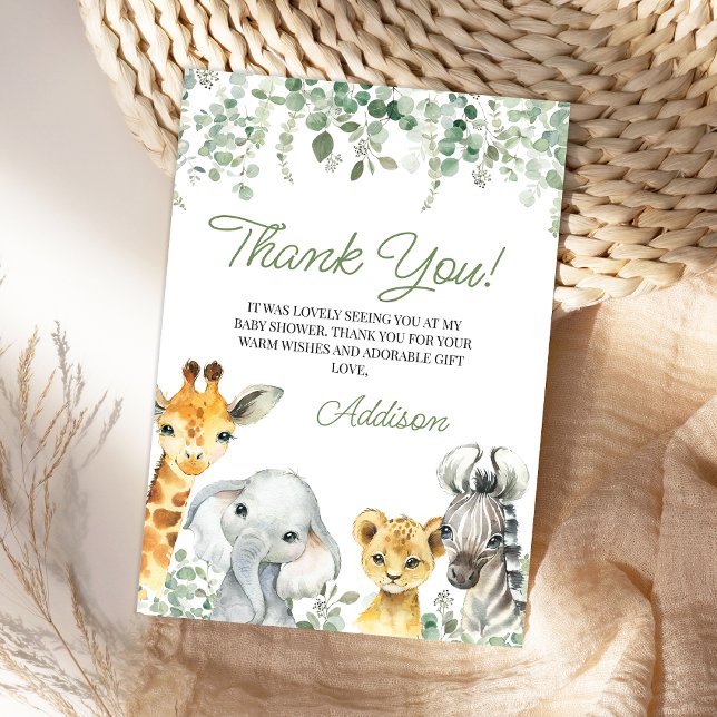 Cartão De Agradecimento Chá de fraldas Safari Verde Moderno (Greenery Safari Baby Shower Thank You Card, Foliage Safari Thank You card, Gender Neutral, Jungle)