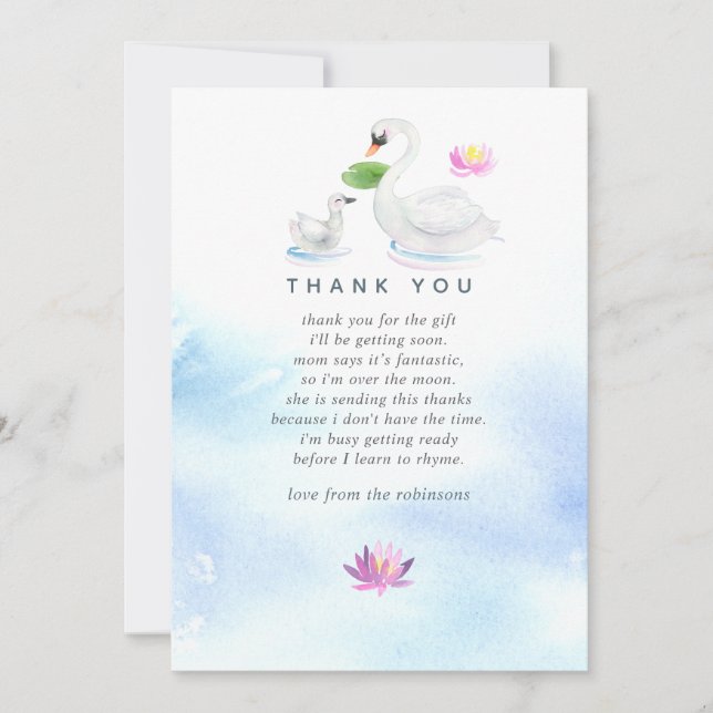 Cartão De Agradecimento Chá de fraldas Swan Watercolor Obrigado (Frente)