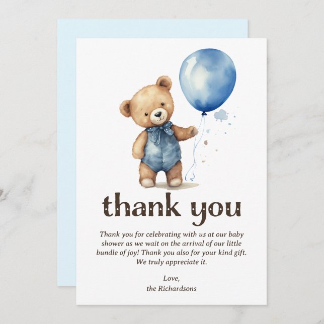 Cartão De Agradecimento Chá de fraldas Teddy Bear Boy (Frente/Verso)