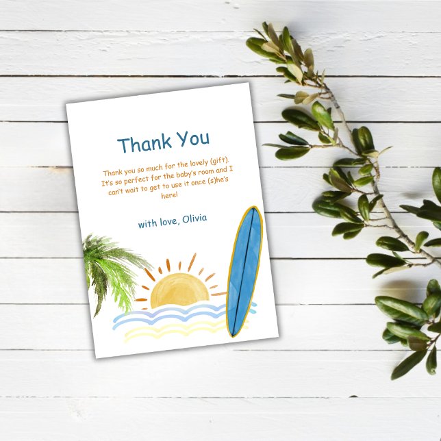 Cartão De Agradecimento Chá de fraldas único de surfe tropical solar (Unique Sunshine Tropical Surfing Baby Shower Thank You Card)