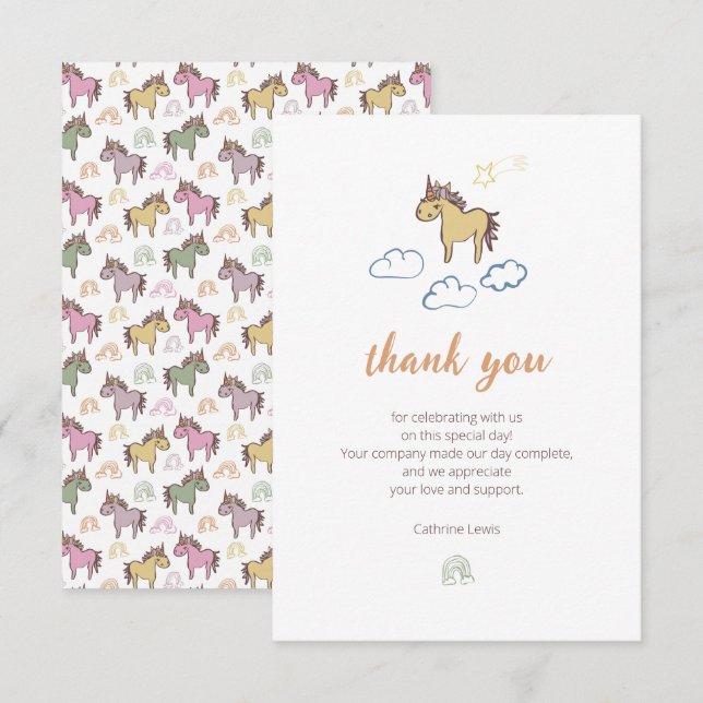 Cartão De Agradecimento Chá de fraldas Unicórnio Sexo Neutro (Frente/Verso)