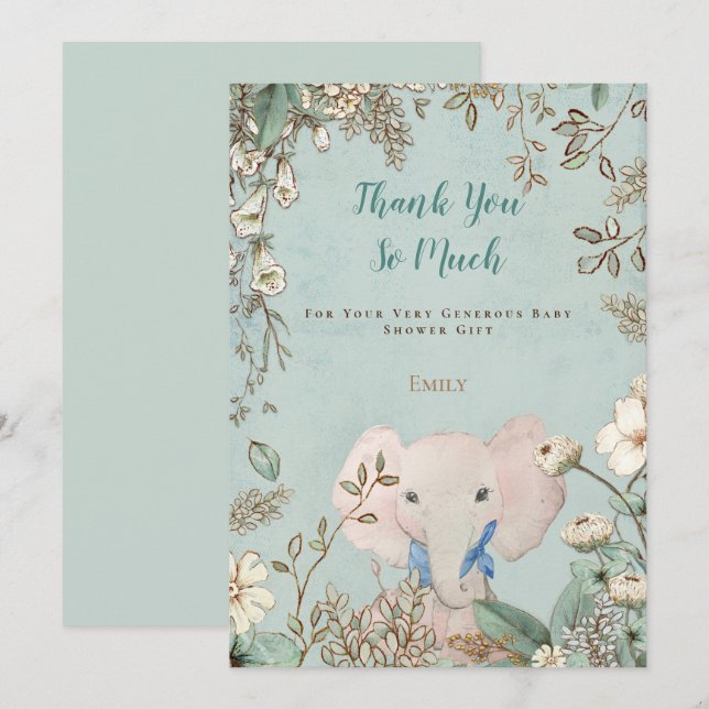 Cartão De Agradecimento Chá de fraldas Verde Botânico do Elefante Fresco V (Frente/Verso)