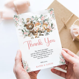 Cartão De Agradecimento Chá de fraldas verde de animais de floresta florid