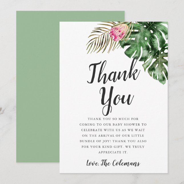 Cartão De Agradecimento Chá de fraldas verde de aquarela tropical (Frente/Verso)