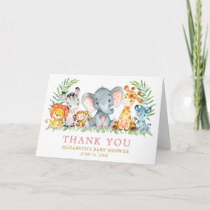 Cartão De Agradecimento Chá de fraldas Watercolor Animais Safari Rosa Dou
