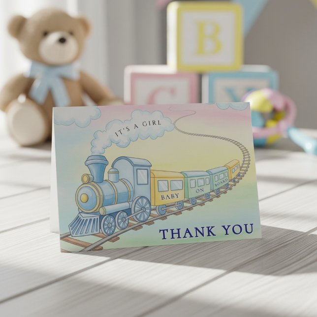 Cartão De Agradecimento Chá de fraldas Whimical do Comboio Aquoso (Watercolor Train Whimsical Baby Shower Thank You Card
)