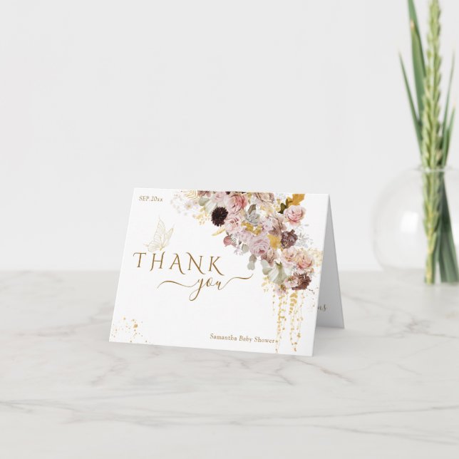 Cartão De Agradecimento Chá de Menina Dourada Elegante de Queda de Flor Se (Frente)