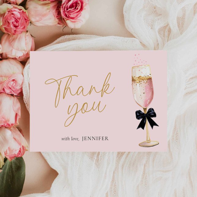 Cartão De Agradecimento Chá de Noiva Bubbly com Champanhe Rosê (Pink Brunch and Bubbly Bridal Shower Thank you card)