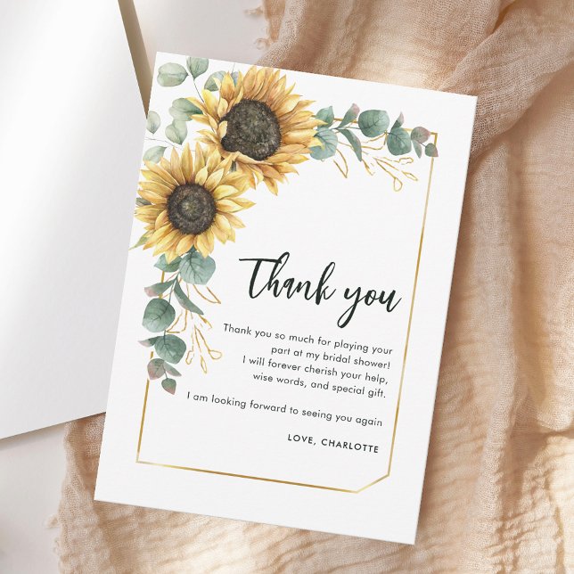 Cartão De Agradecimento Chá de Noiva com Girassóis e Verduras Florais em L (Floral Greenery Sunflower Script Bridal Shower Thank You Card)