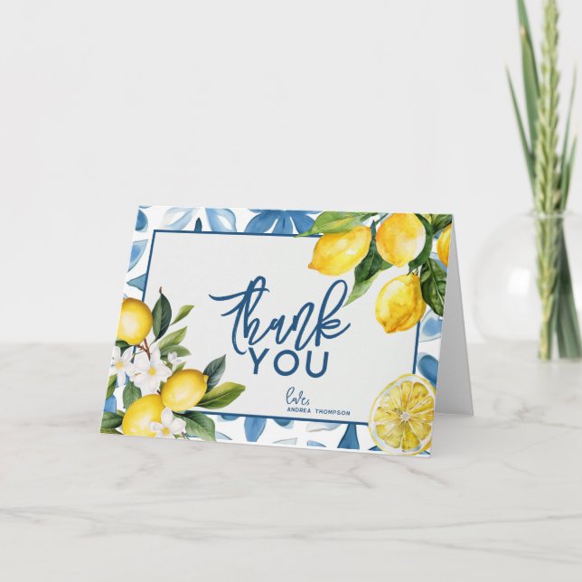 Cartão De Agradecimento Chá de Noiva de Azulejo Mediterrâneo de Limão  (Frente)