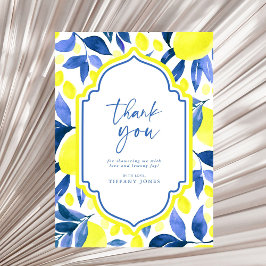 Cartão De Agradecimento Chá de Noiva de Limões Amarelos Azuis do Mediterrâ