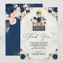 Cartão De Agradecimento Chá de Noiva de Viagens Vintage Floral Rosa e Azul