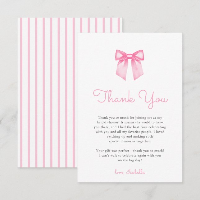 Cartão De Agradecimento Chá de Noiva Elegante com Laço Rosa (Frente/Verso)