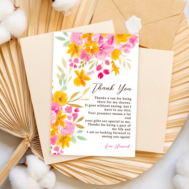 Cartão De Agradecimento Chá de noiva floral amarelo jardim água-marinha (Garden yellow pink floral watercolor bridal shower thank you card)